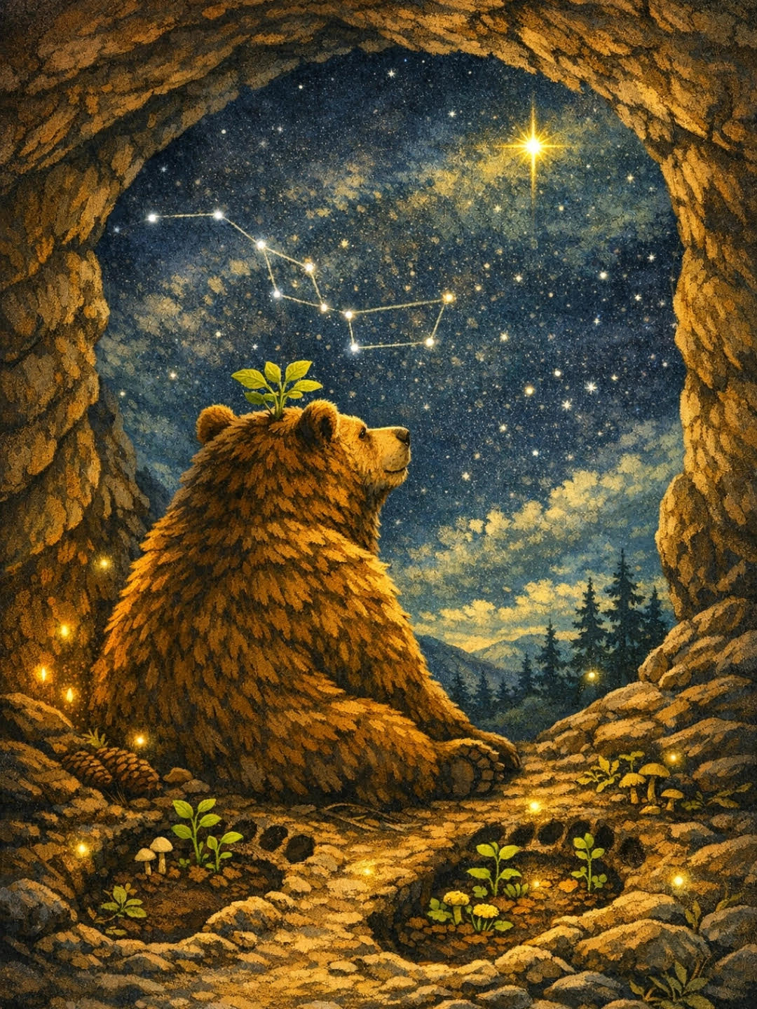 A bear sitting in a den, looking out at the stars